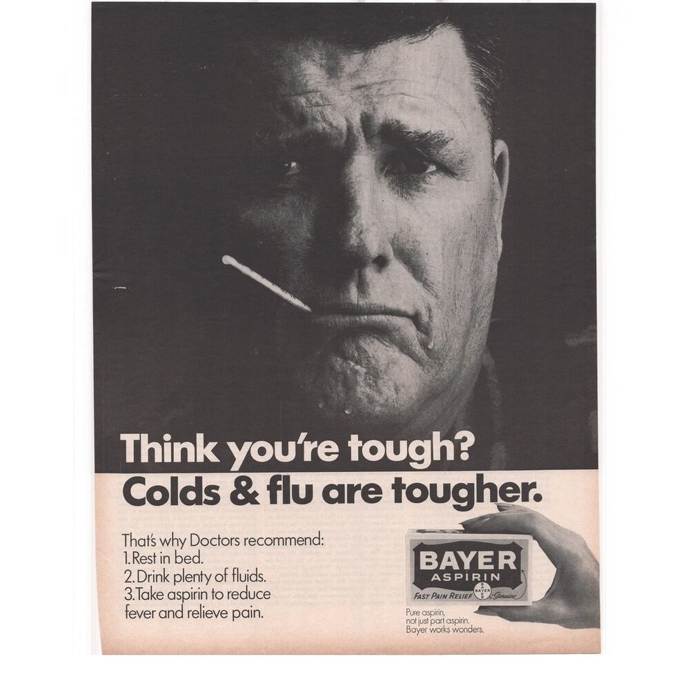 Bayer Aspirin Advertisement Vintage 1968 Medicine Medication Cold Flu Sick Tough